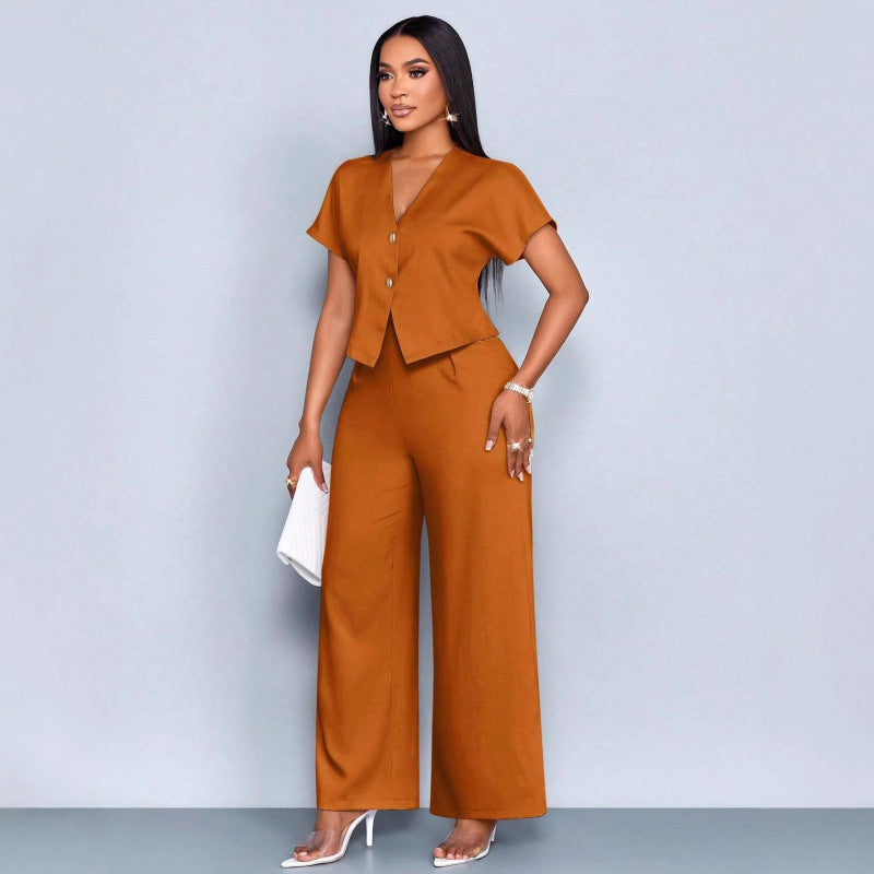 Short-sleeve V-neck Irregular Cardigan And Straight-leg Wide-leg Pants Set