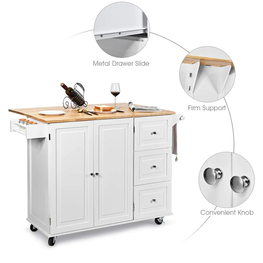 Giantex Kitchen Island Cart, Large Trolley Cart w/ Drop-Leaf Tabletop, Large Cabinet, 3 Drawers, Spice Rack, Towel Rack, Rolling Serving Trolley Cabinet