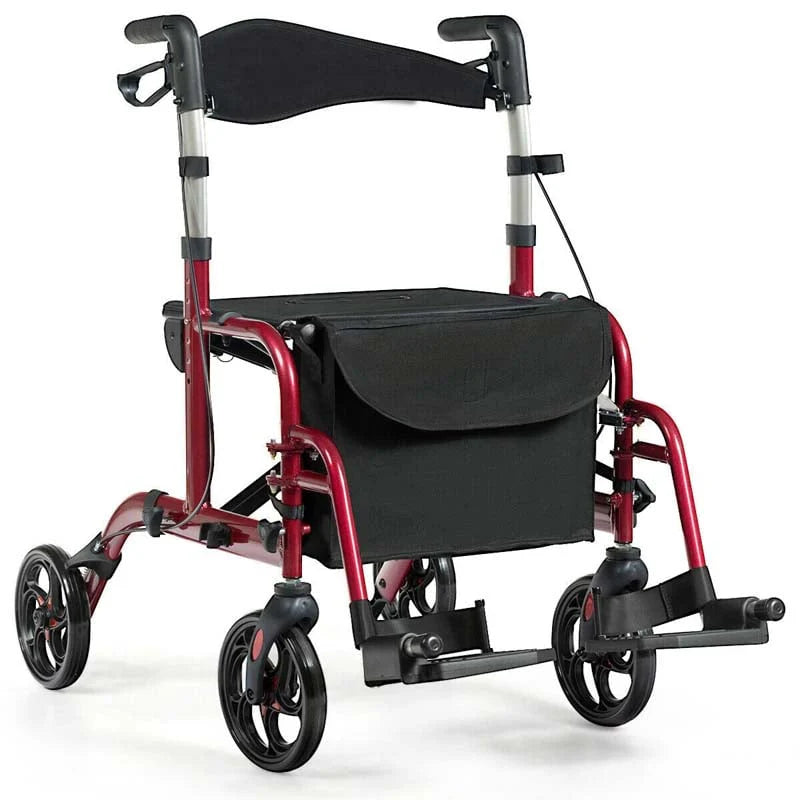 2 in 1 Rollator Walker Wheelchair Folding Medical Walker, Aluminum Transport Chair Mobility Walking Aid