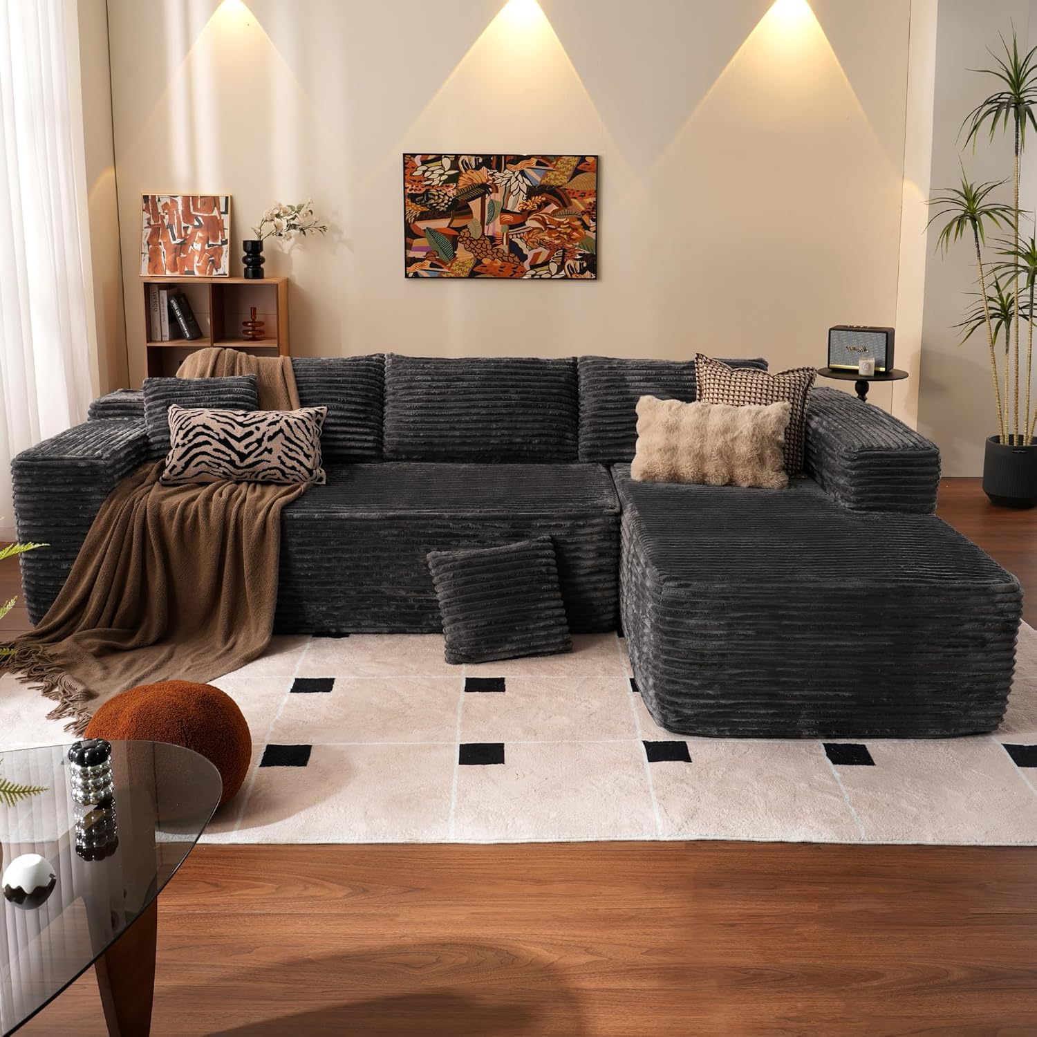 ovios 104" Cloud Sectional Couch with L-Shape Chaise,Modern Modular Sofa with Deep Seat, Upholstered Couches for Living Room Bedroom,No Assembly Required, Black (Corduroy Fabric)