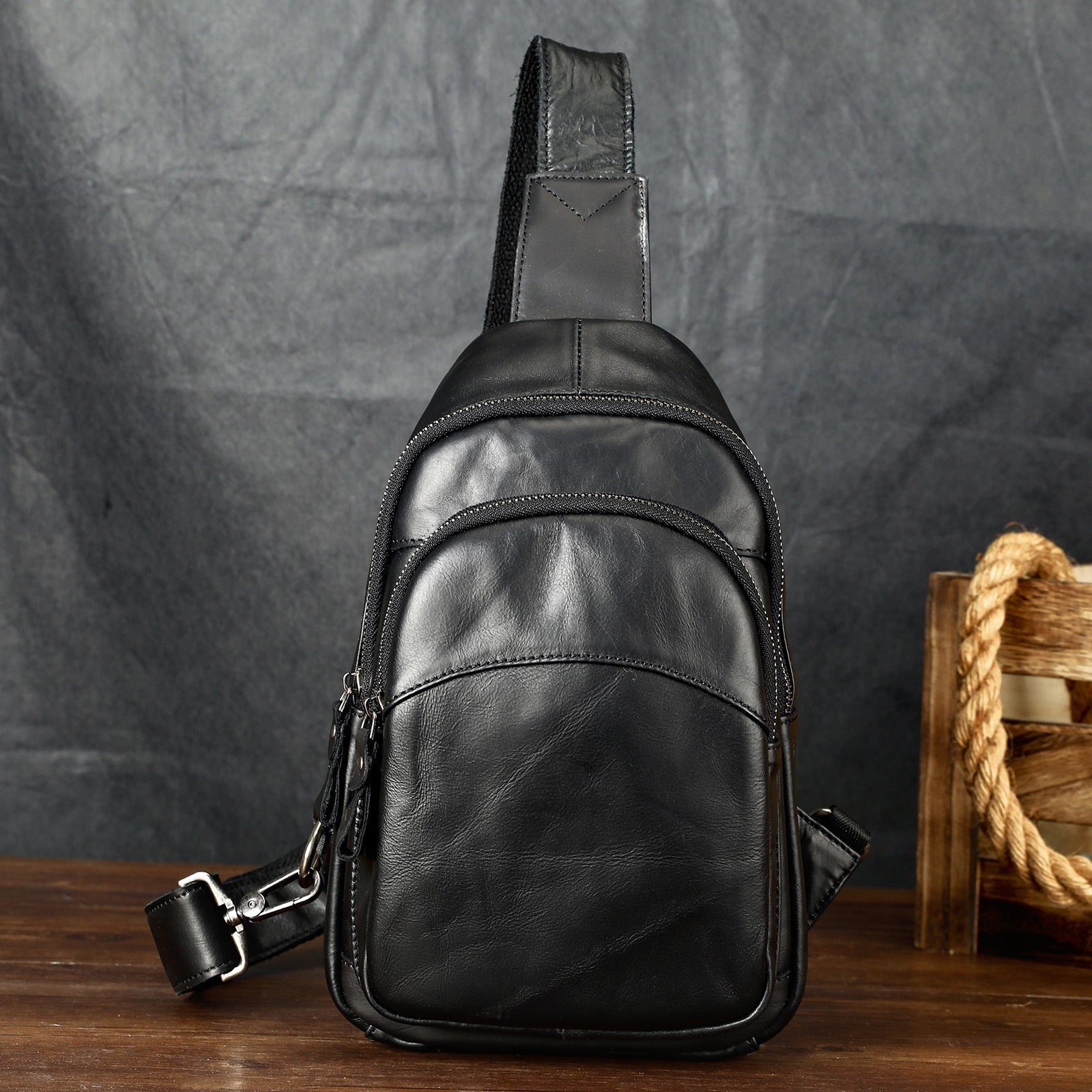 Mens Full-Grain Shoulder Casual Minimalist Chest Bag Large Capacity Genuine Leather
