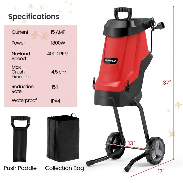 15-AMP Electric Wood Chipper and Shredder Leaf Mulcher with Wheels