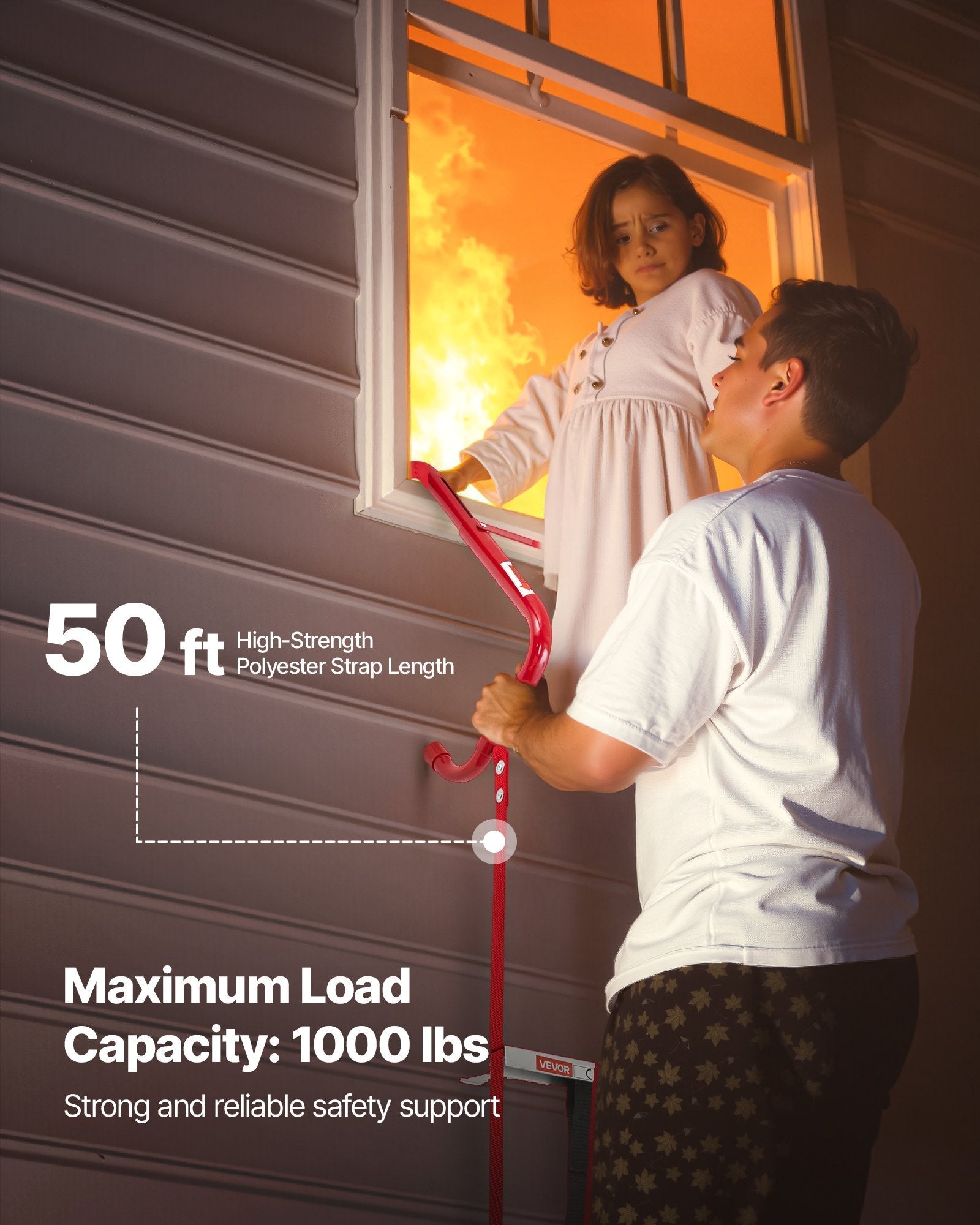 Fire Escape Ladder, 5-6 Story 50FT Retractable Emergency Fire Ladder, Lightweight Aluminum Alloy Safety Escape Ladders With Sturdy Polyester Strap, Anti-Slip & Wide Rungs, 1000LBS Max Loading