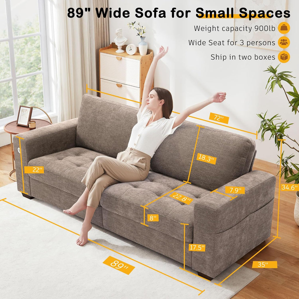 Hanherry 89" Sofa for Living Room, Modern Comfy Sofa with Medium Firm Seat Cushion, Removable Cover,Wide Armrest,USB/Type-C Port,Chenille Fabric Couches for Small Space,Apartment