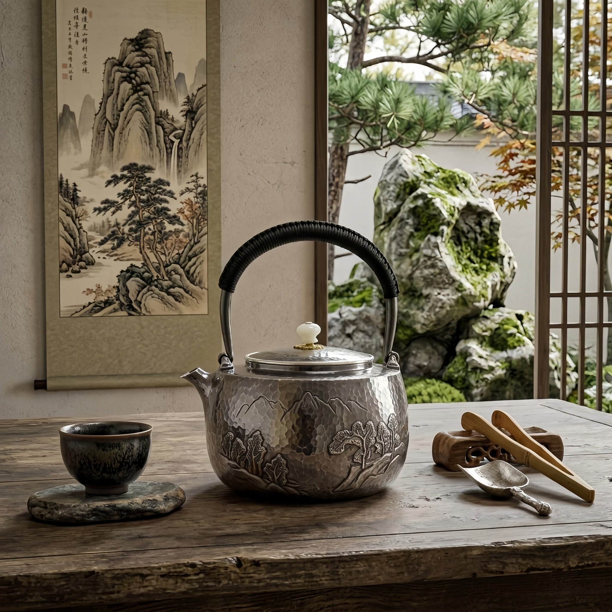 925 Sterling Silver Elegant Handcrafted  Teapot with Mountain Landscape Artistry and Hammered Finish-Fine large teapot - Handicraft