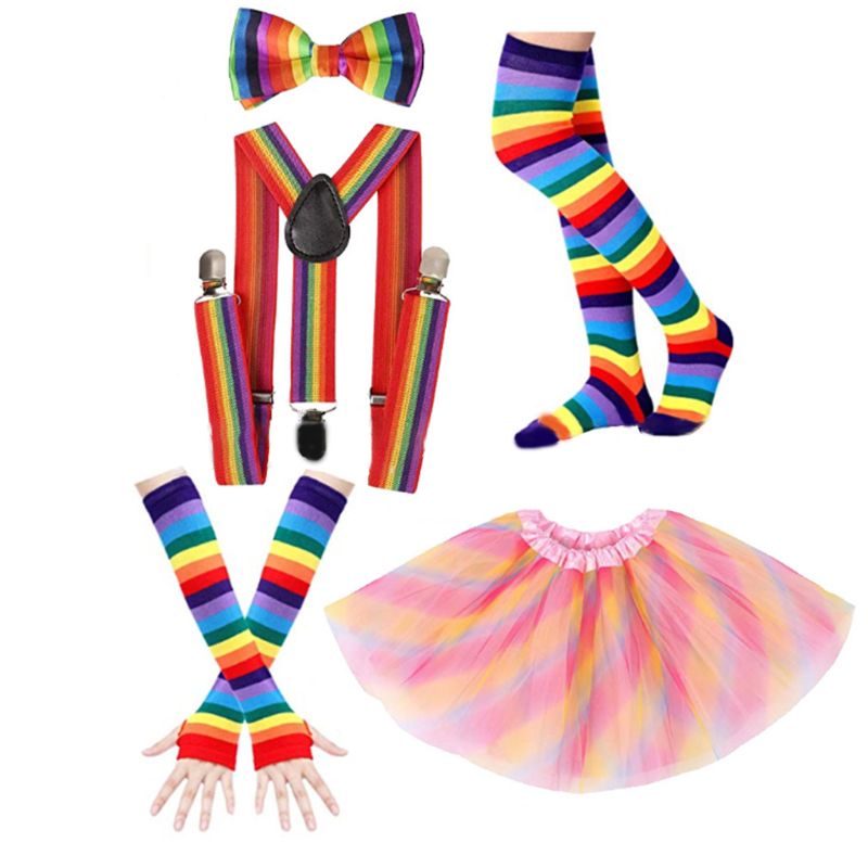 Neon Ball Party Rainbow Striped Gloves Bow Tie Suspenders Stockings Skirt Suit