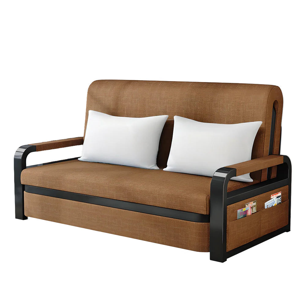 Convertible Sofa Bed with Pillows, Side Pockects and Storage Compartment, Carbon Steel and Linen Cotton