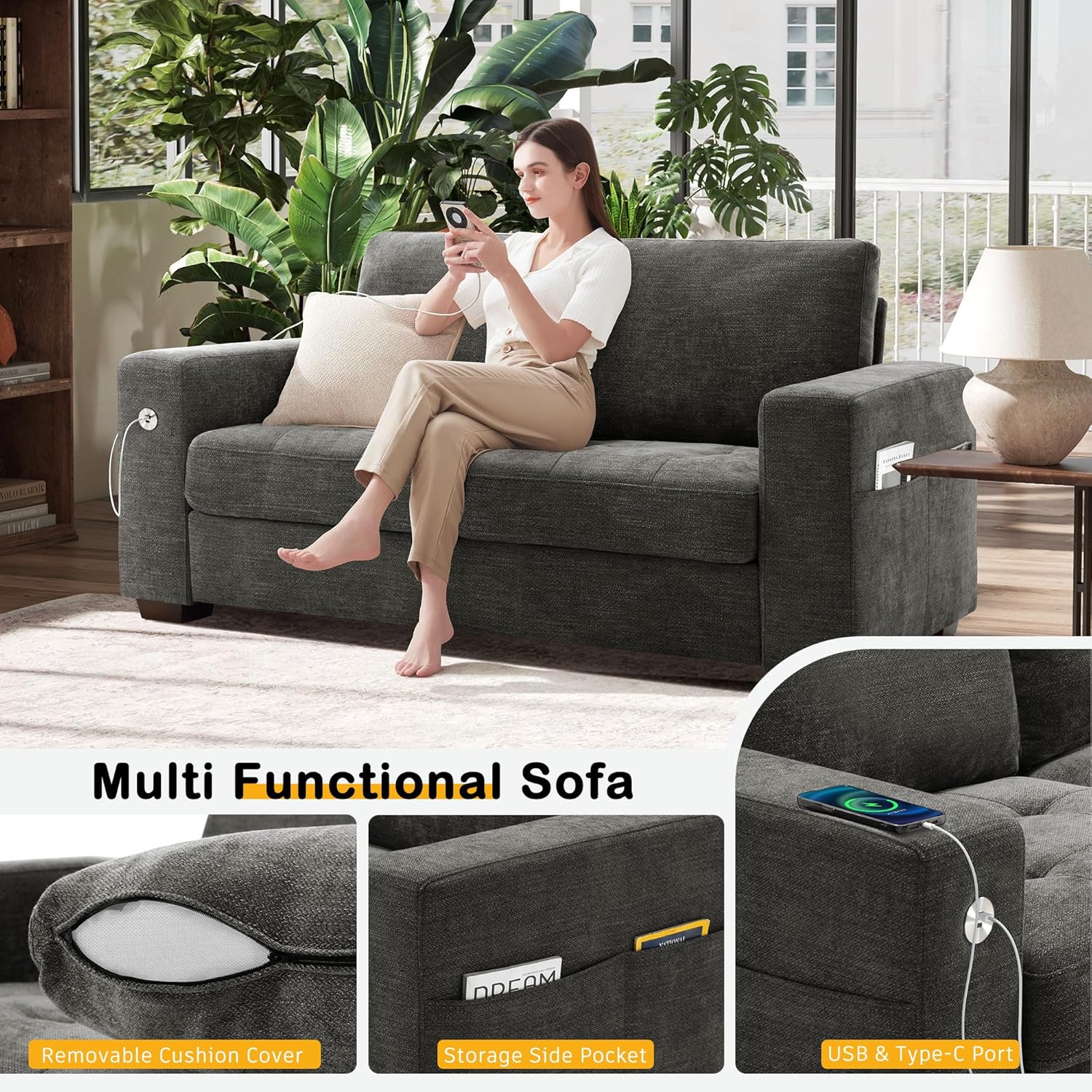 Hanherry 89" Sofa for Living Room, Modern Comfy Sofa with Medium Firm Seat Cushion, Removable Cover,Wide Armrest,USB/Type-C Port,Chenille Fabric Couches for Small Space,Apartment